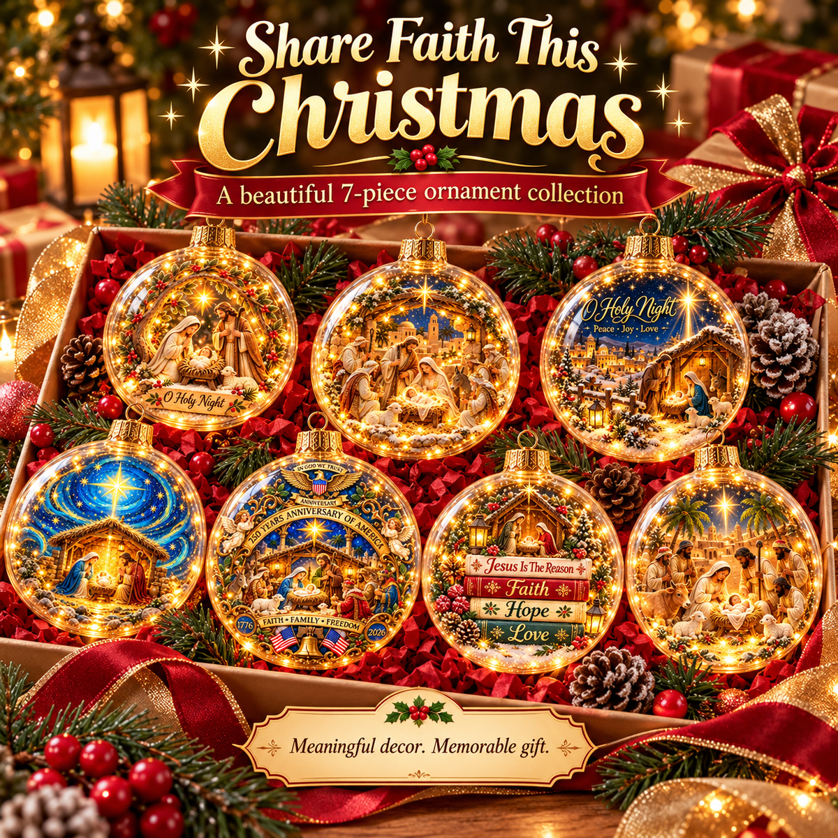 Seven piece Christian Nativity ornament set presented in Christmas gift box