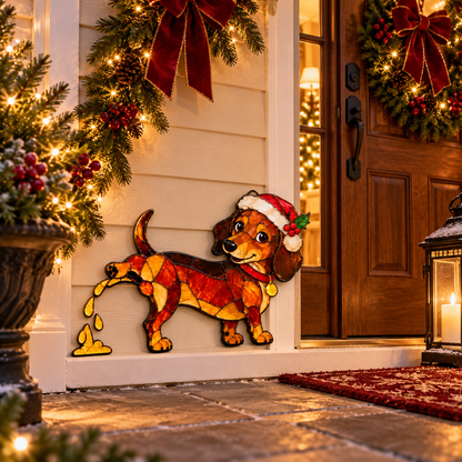 🐕🎄 Funny Peeing Dachshund Christmas Decoration – Cheeky Stained-Glass-Style Holiday Decor