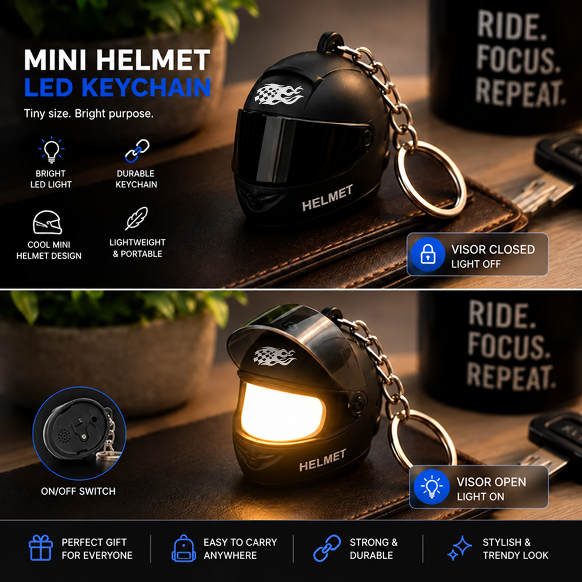 🏍️ Biker Helmet Light Keychain – Mini Motorcycle Rider Keyring ✨