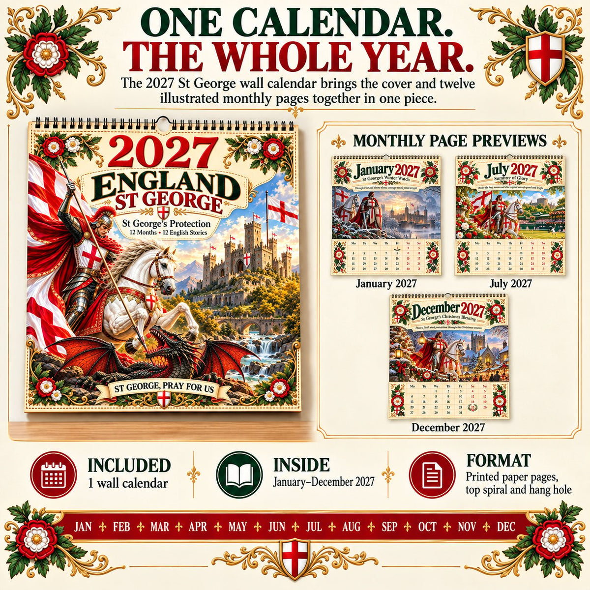 ⏳ Last Day 49% OFF – 🛡️ 2027 England St. George Wall Calendar | 12 Illustrated Monthly Scenes with Faith, Courage & Heritage 🇬🇧