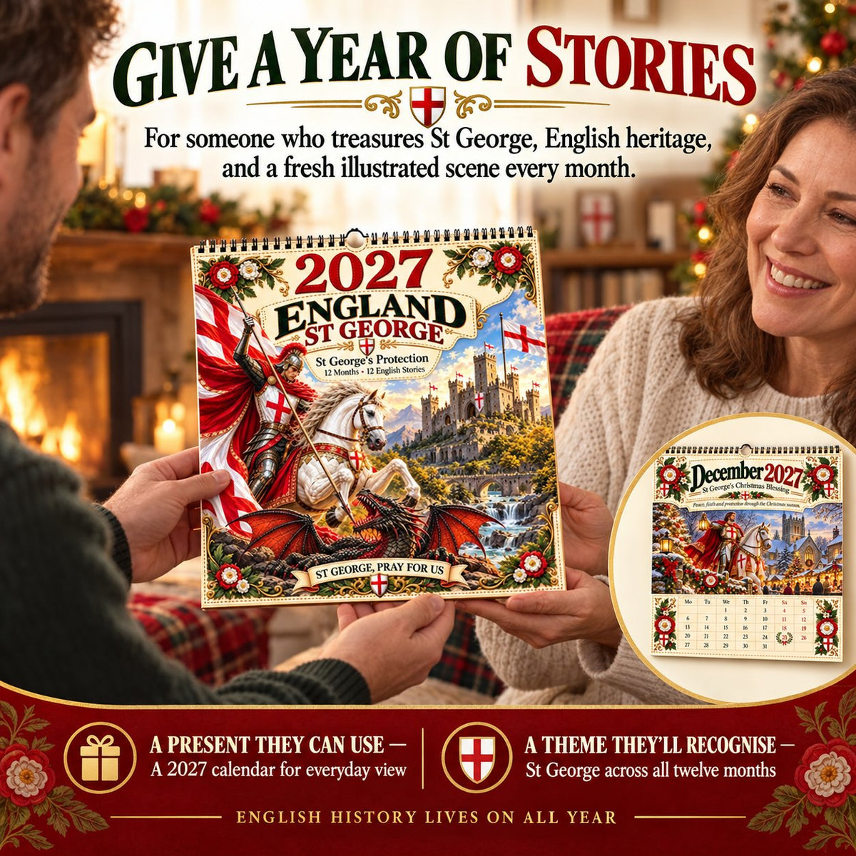 ⏳ Last Day 49% OFF – 🛡️ 2027 England St. George Wall Calendar | 12 Illustrated Monthly Scenes with Faith, Courage & Heritage 🇬🇧