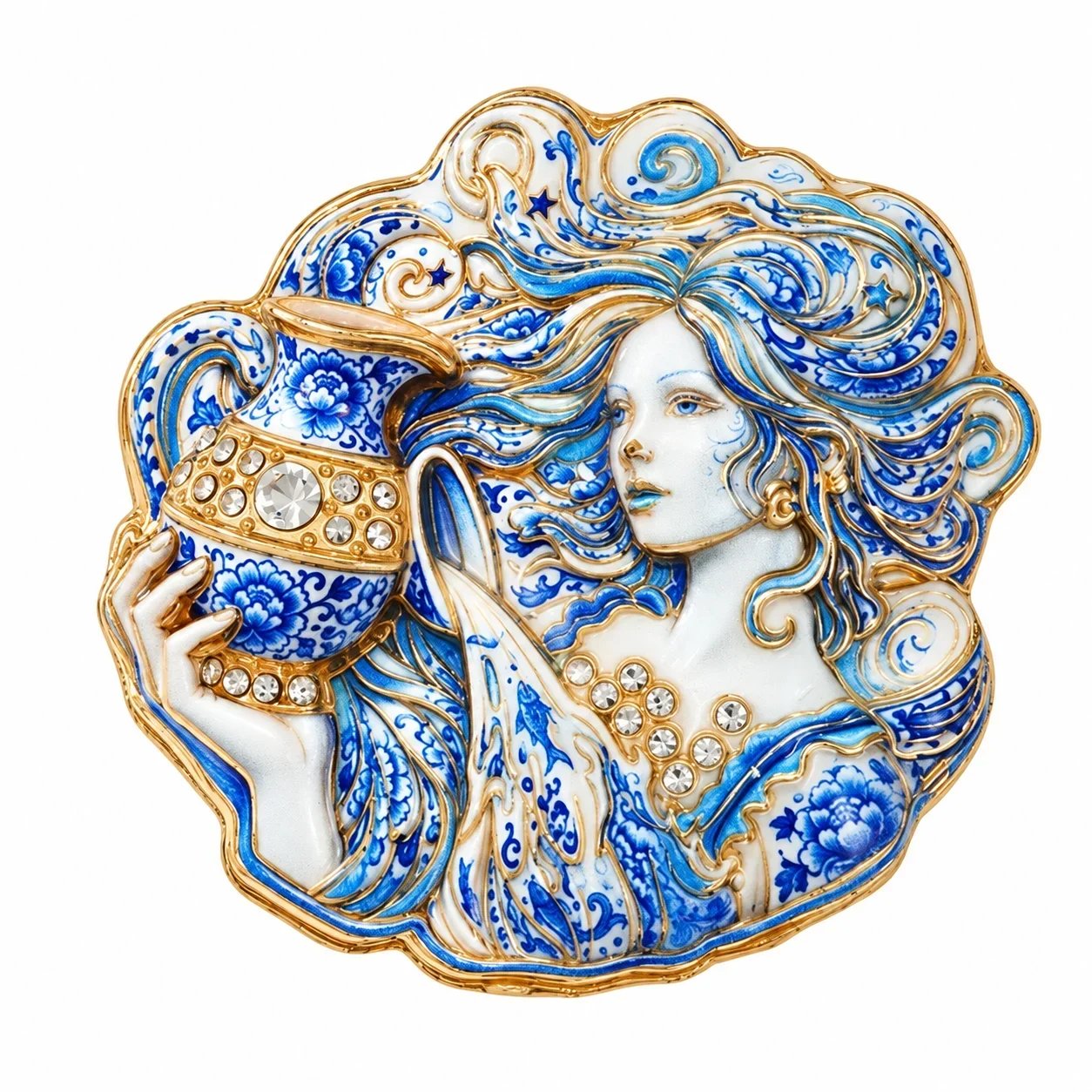 Aquarius inspired brooch with elegant porcelain-blue floral patterns and decorative gold outlines