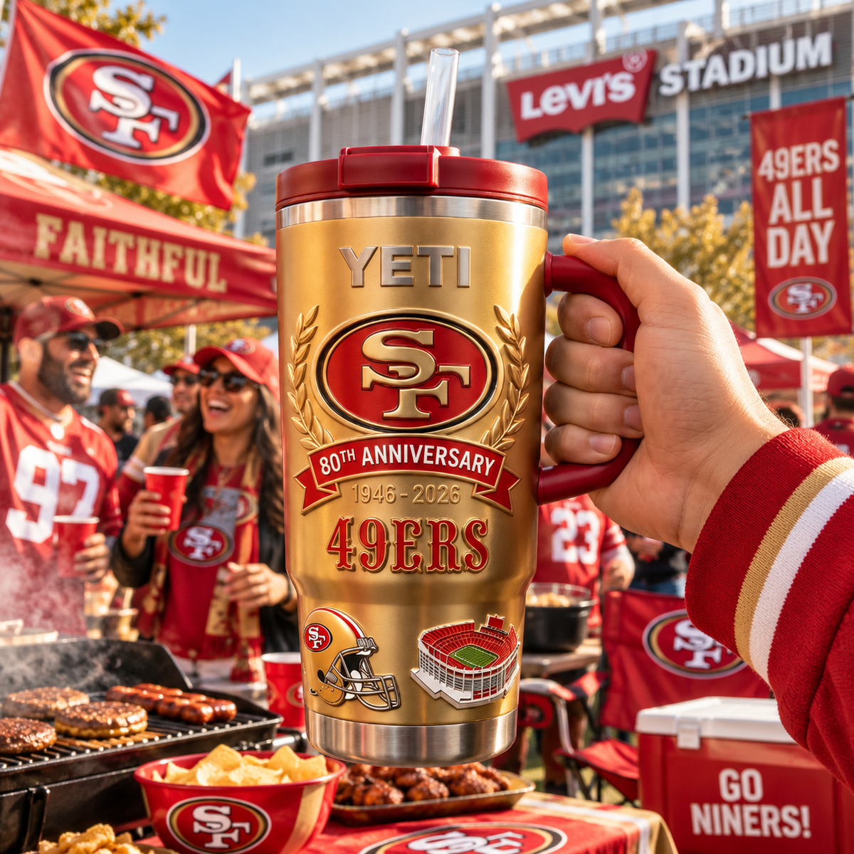 San Francisco 49ers red and gold anniversary tumbler held at an outdoor football tailgate