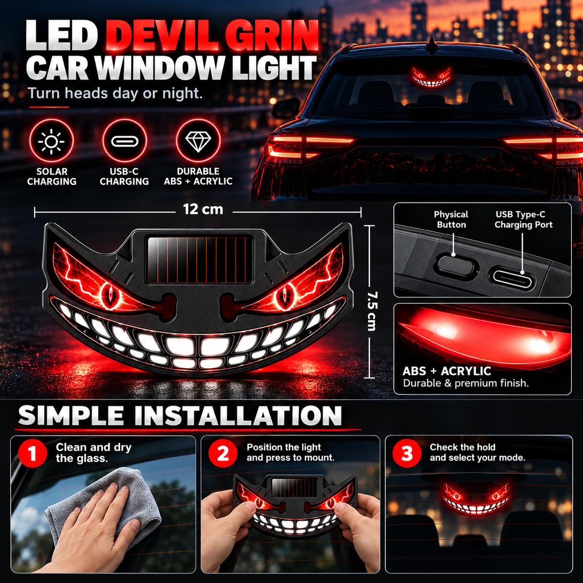 😈🚗 Devil Grin LED Car Window Light – Solar + USB-C Rechargeable Window Glow
