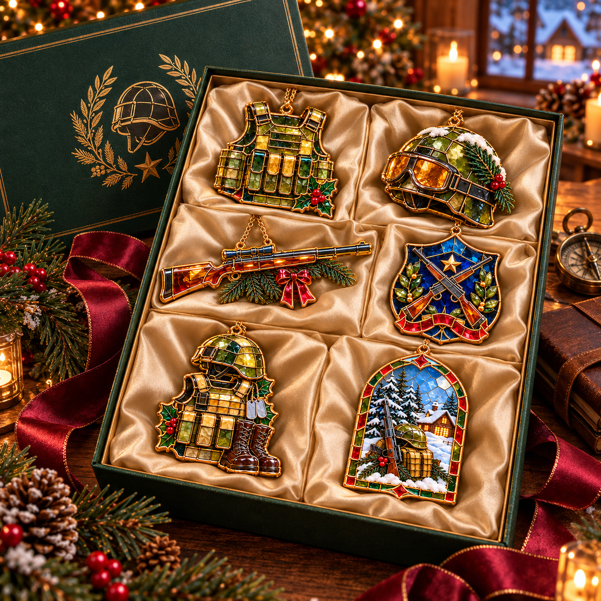 ✨ 2026 Military Christmas Ornaments – Set of 6 |  Vintage Stained Glass Tactical Vest, Military Helmet, Rifle & Soldier Gear Hanging Decorations | Christmas Tree Ornaments & Unique Gifts for Veterans & Military Families