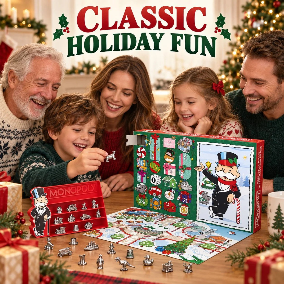 🎲 Monopoly Advent Calendar – 24 Collectible Game Tokens with Display Stand 🎄