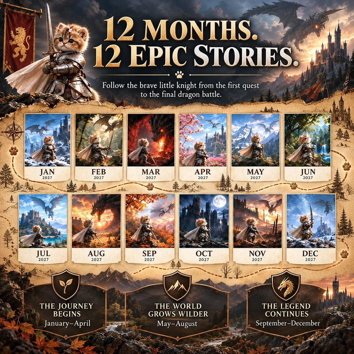 🐱 2027 Knight Cat vs. The Dragon Wall Calendar | 12 Fantasy Scenes