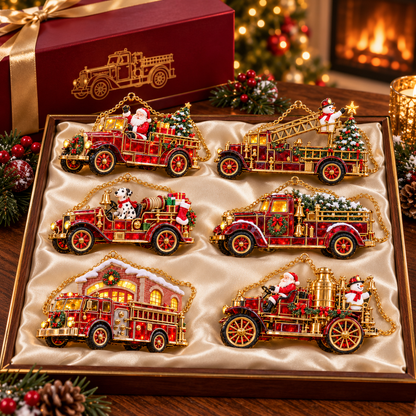 2026 Vintage Fire Truck Christmas Ornaments – Set of 6 | Stained-Glass Style with Festive Holiday Scenes & Golden Accents