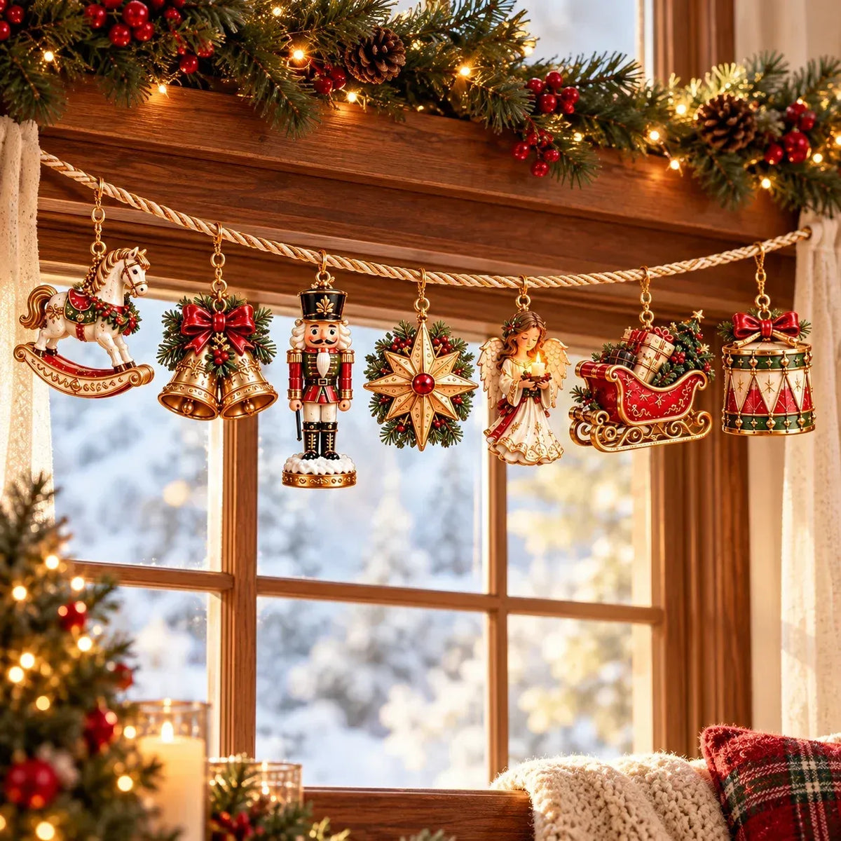 🎄 7-Piece Vintage-Style Christmas Garland Set | With Detachable 3D Ornaments