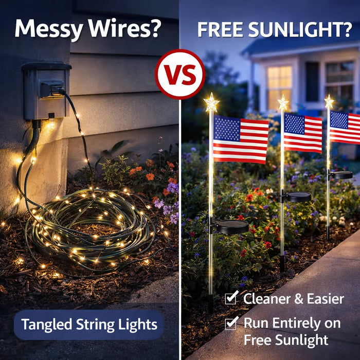 ☀️8-in-1 Solar American Flag Garden Stakes✨ IP65 Weatherproof & Auto-On Patriotic Decor