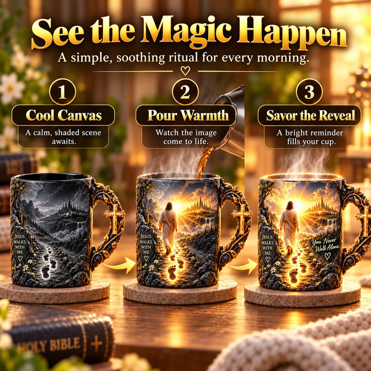 Faith-Inspired Heat-Reveal Mug – You Never Walk Alone 🕊️