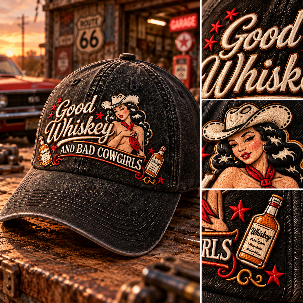 🤠🥃 Good Whiskey And Bad Cowgirls Retro Western Pin-Up Baseball Cap