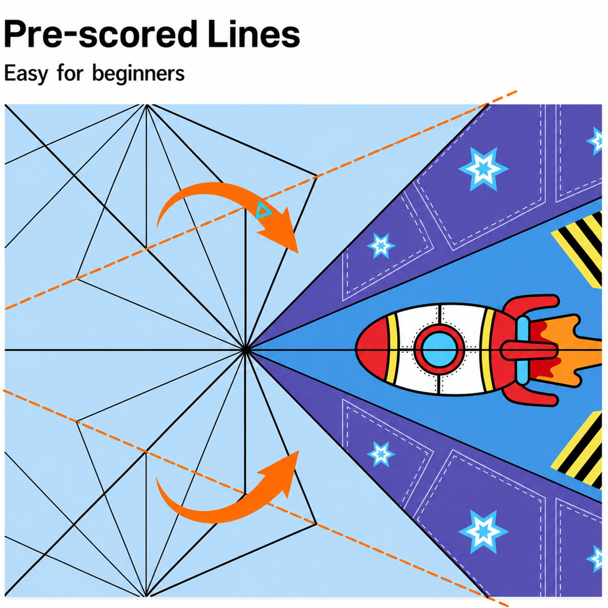 Pre-scored paper airplane folding lines and colorful airplane template showing guided creases