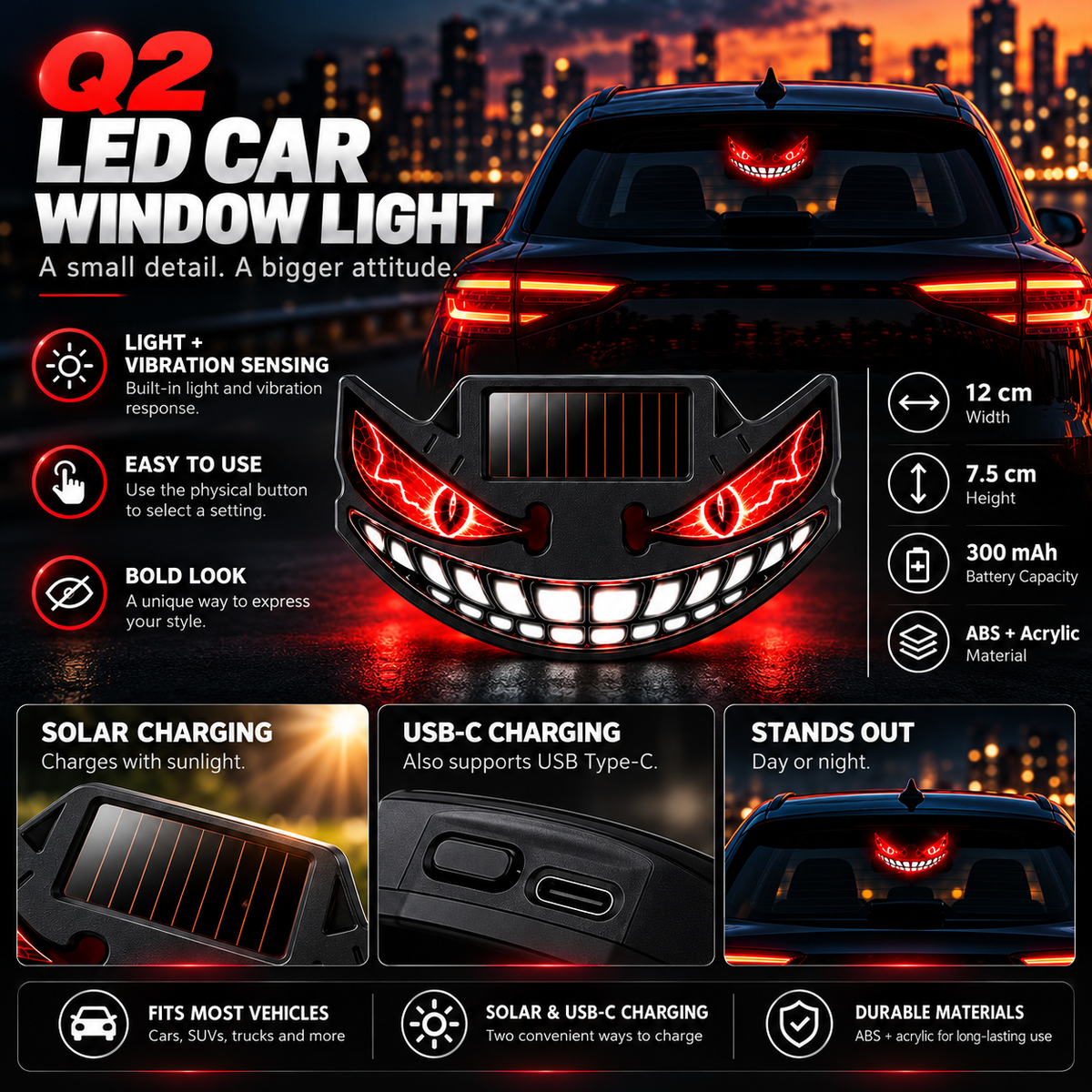 😈🚗 Devil Grin LED Car Window Light – Solar + USB-C Rechargeable Window Glow