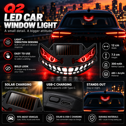 😈🚗 Devil Grin LED Car Window Light – Solar + USB-C Rechargeable Window Glow