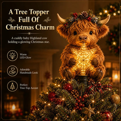 🐮 Baby Highland Cow Christmas Tree Topper with Glowing Star – 50 cm ✨