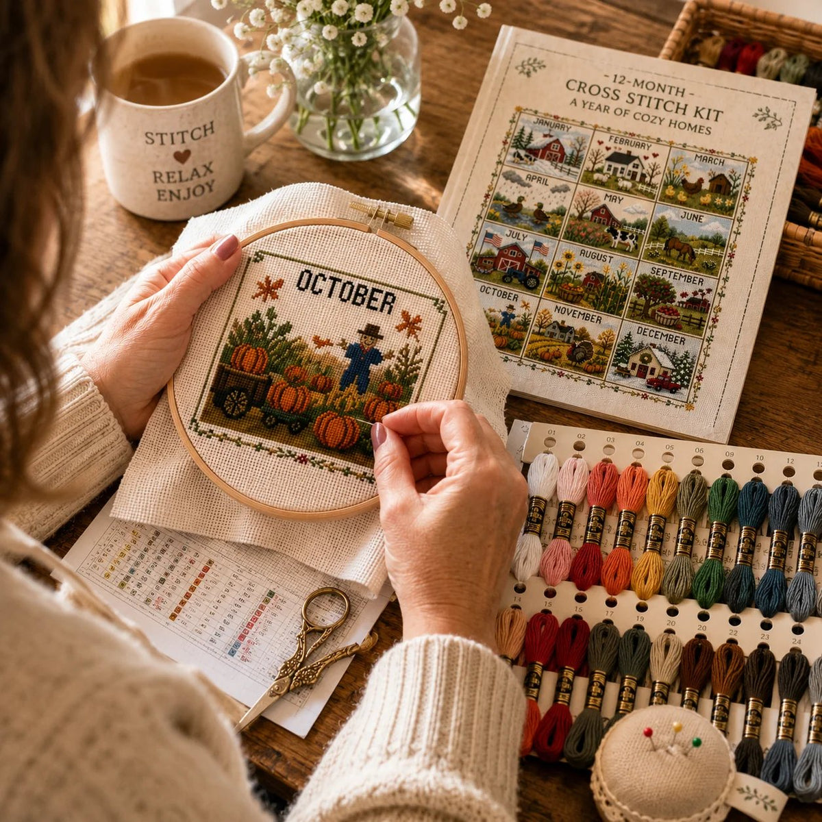 🔥 LAST DAY — 50% OFF! 🏡 12‑Month Seasons & Holidays Cross Stitch Kit — Relaxing DIY Craft for Beginners