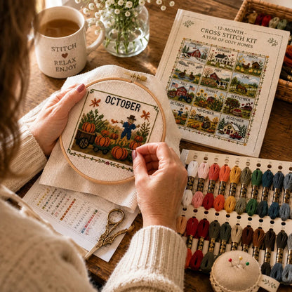 🔥 LAST DAY — 50% OFF! 🏡 12‑Month Seasons & Holidays Cross Stitch Kit — Relaxing DIY Craft for Beginners