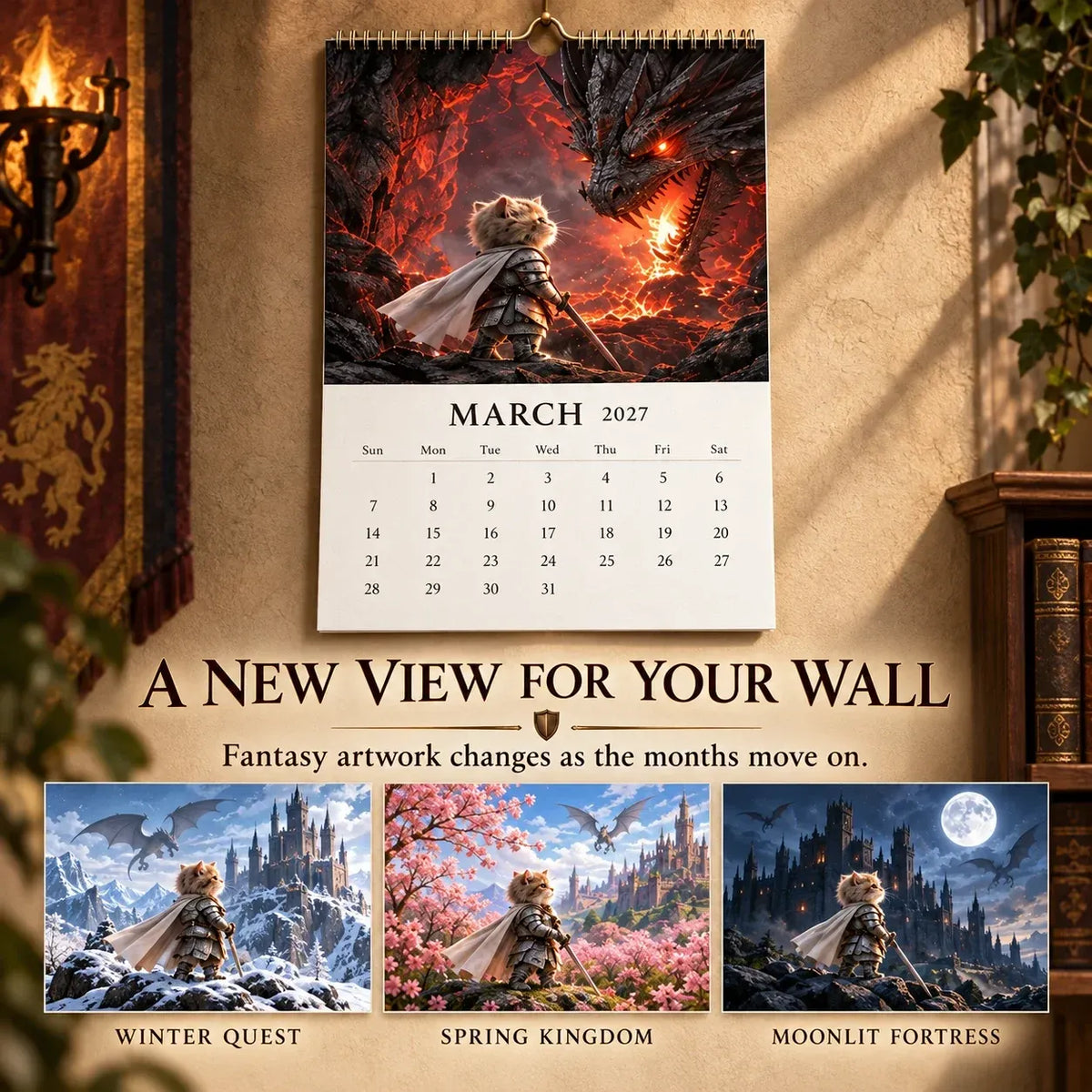 🐱 2027 Knight Cat vs. The Dragon Wall Calendar | 12 Fantasy Scenes