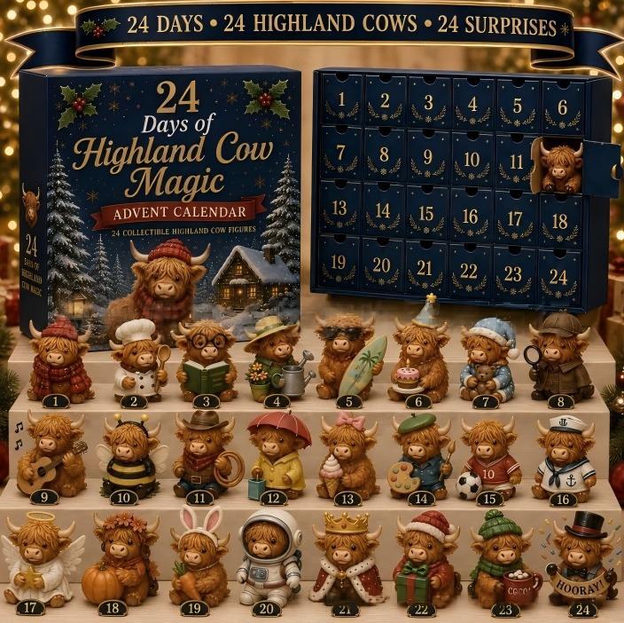 🐮 24-Day Highland Cow Advent Calendar – 24 Surprise Acrylic Ornaments