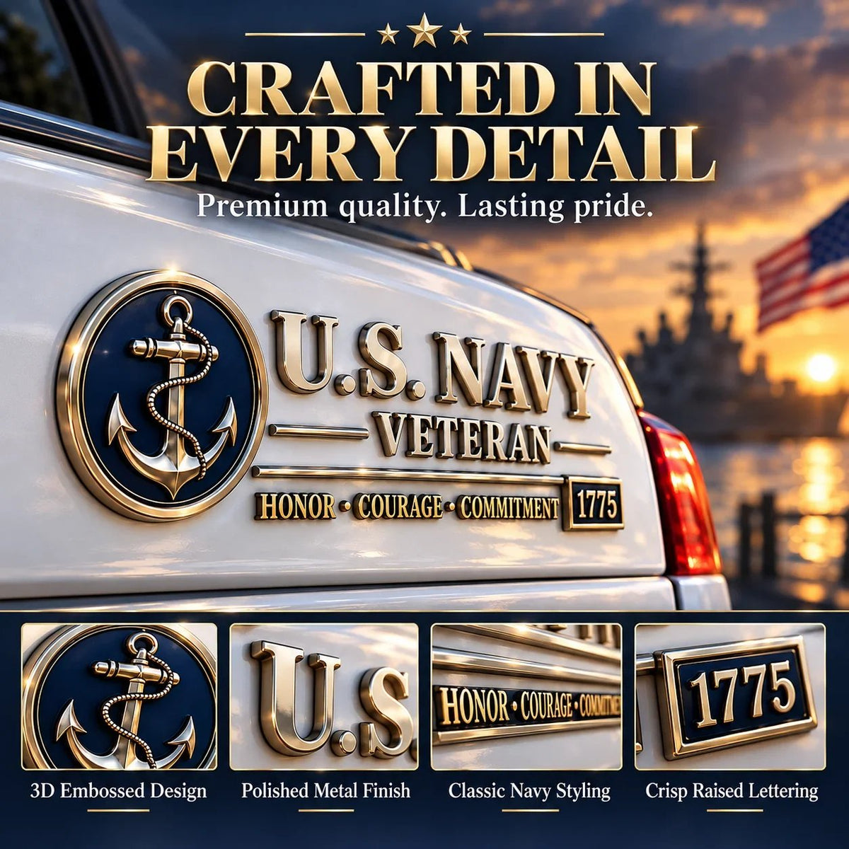 U.S. Navy Veteran Metal Car Emblem – 3D Adhesive Badge, No-Drill Military-Inspired Car & Truck Decoration
