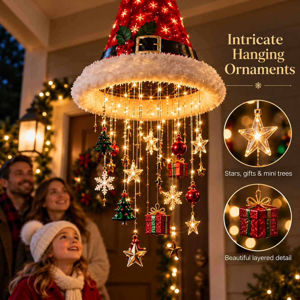 🎄 Hanging Santa Hat LED Tree Lights – Cascading Christmas Glow for Festive Holiday Decor 🎅