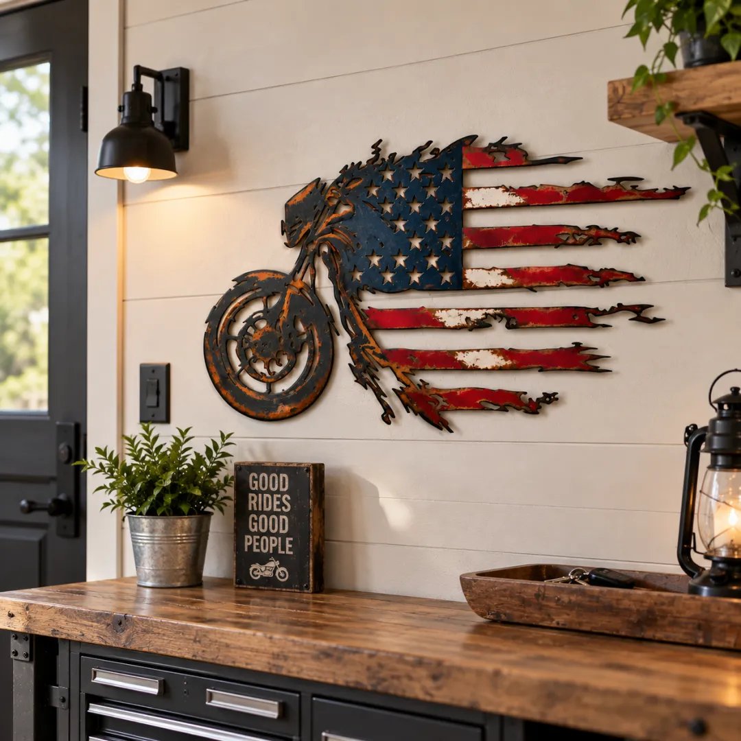 🏍️ Last Day 49% OFF✨Patriotic Motorcycle American Flag Metal Wall Art