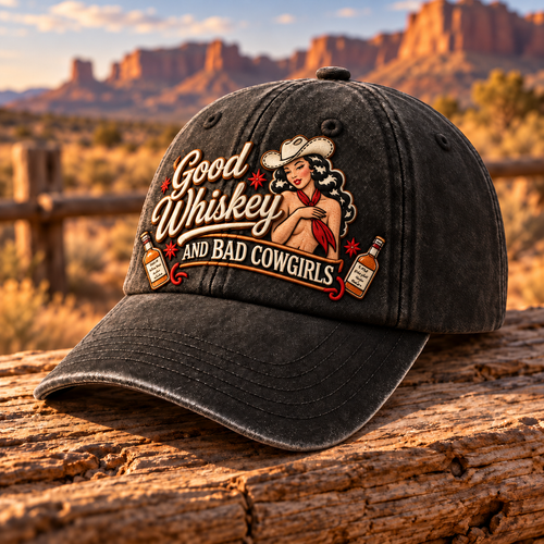 🤠🥃 Good Whiskey And Bad Cowgirls Retro Western Pin-Up Baseball Cap