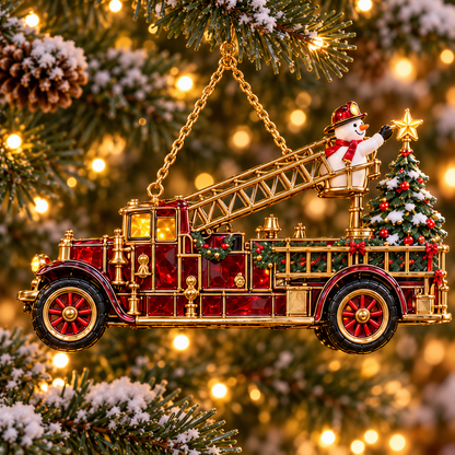 2026 Vintage Fire Truck Christmas Ornaments – Set of 6 | Stained-Glass Style with Festive Holiday Scenes & Golden Accents