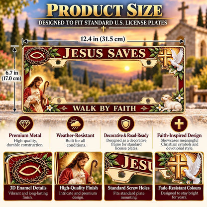 ✝️ “Jesus Saves” & “Walk by Faith” Commemorative Jesus License Plate Frame | Premium Metal, 3D Enamel Details & Secure Screw-On Fit 🚗