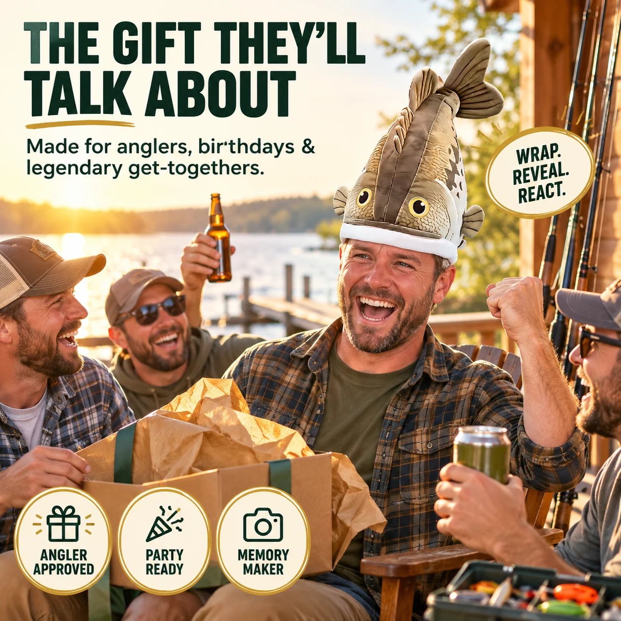 Angler laughing after receiving an oversized 3D fish hat as a funny gift