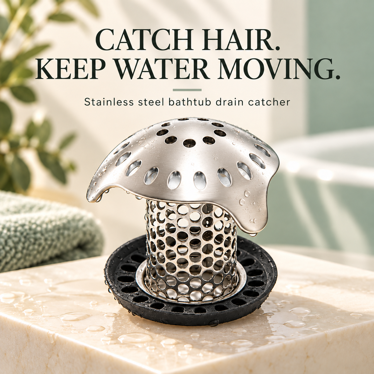 Stainless steel bathtub drain hair catcher product hero