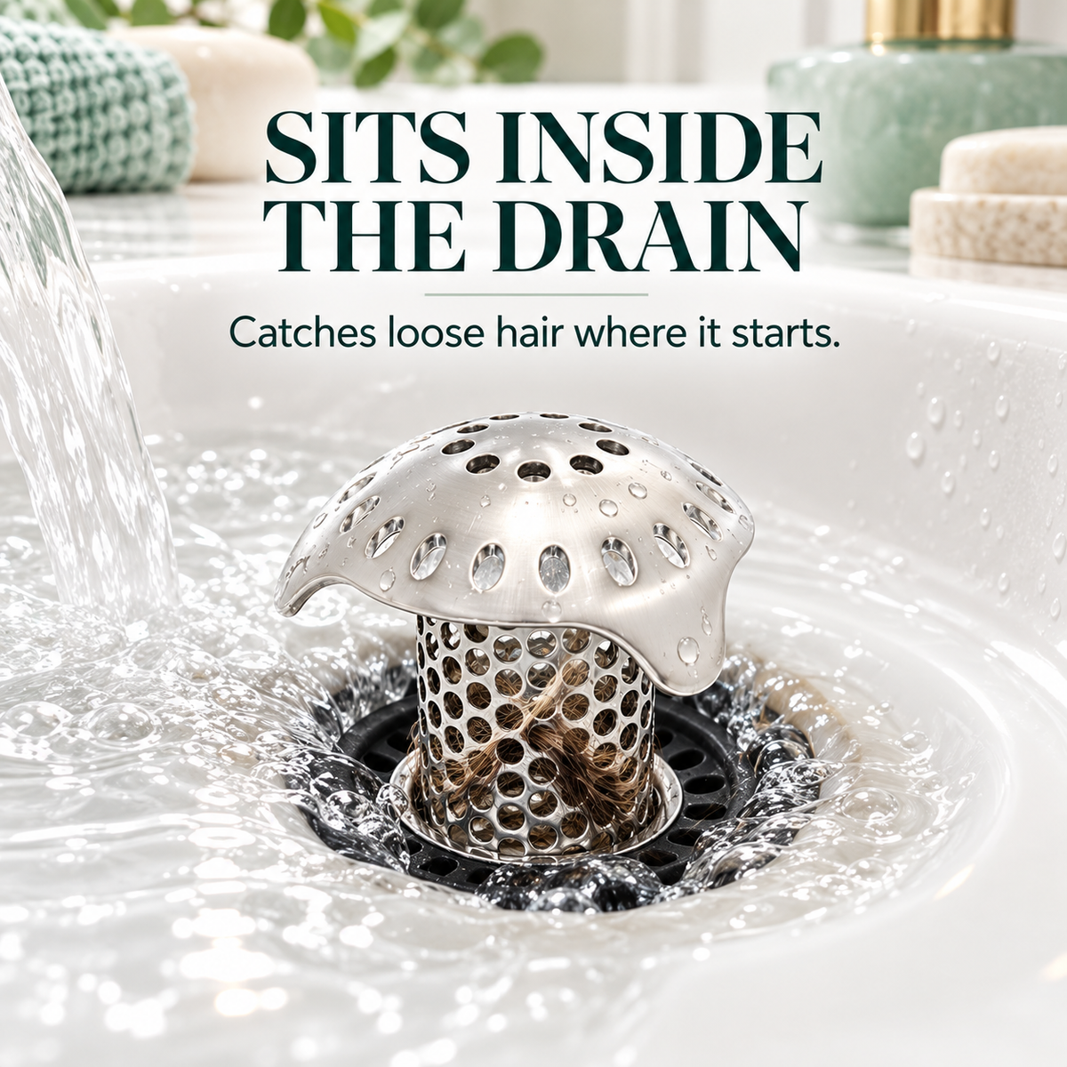 Hair catcher seated in bathtub drain with flowing water