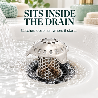 Hair catcher seated in bathtub drain with flowing water