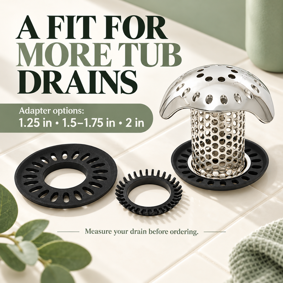 Bathtub drain catcher and adapter sizing options
