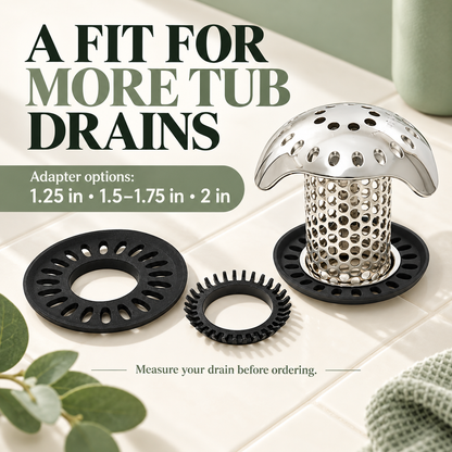 Bathtub drain catcher and adapter sizing options