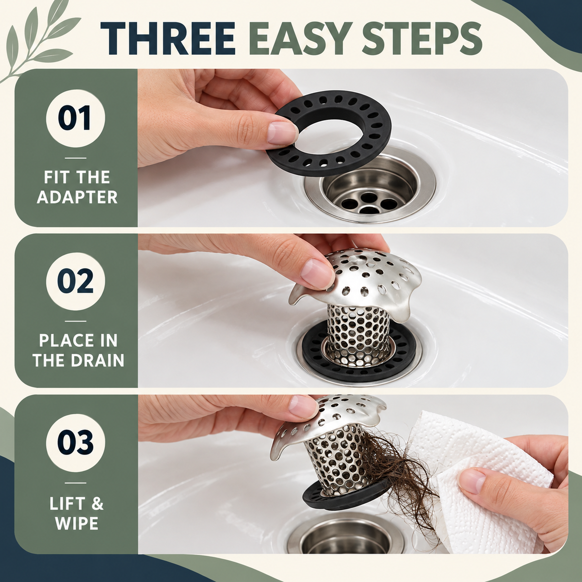 Three steps to install and clean a bathtub hair catcher