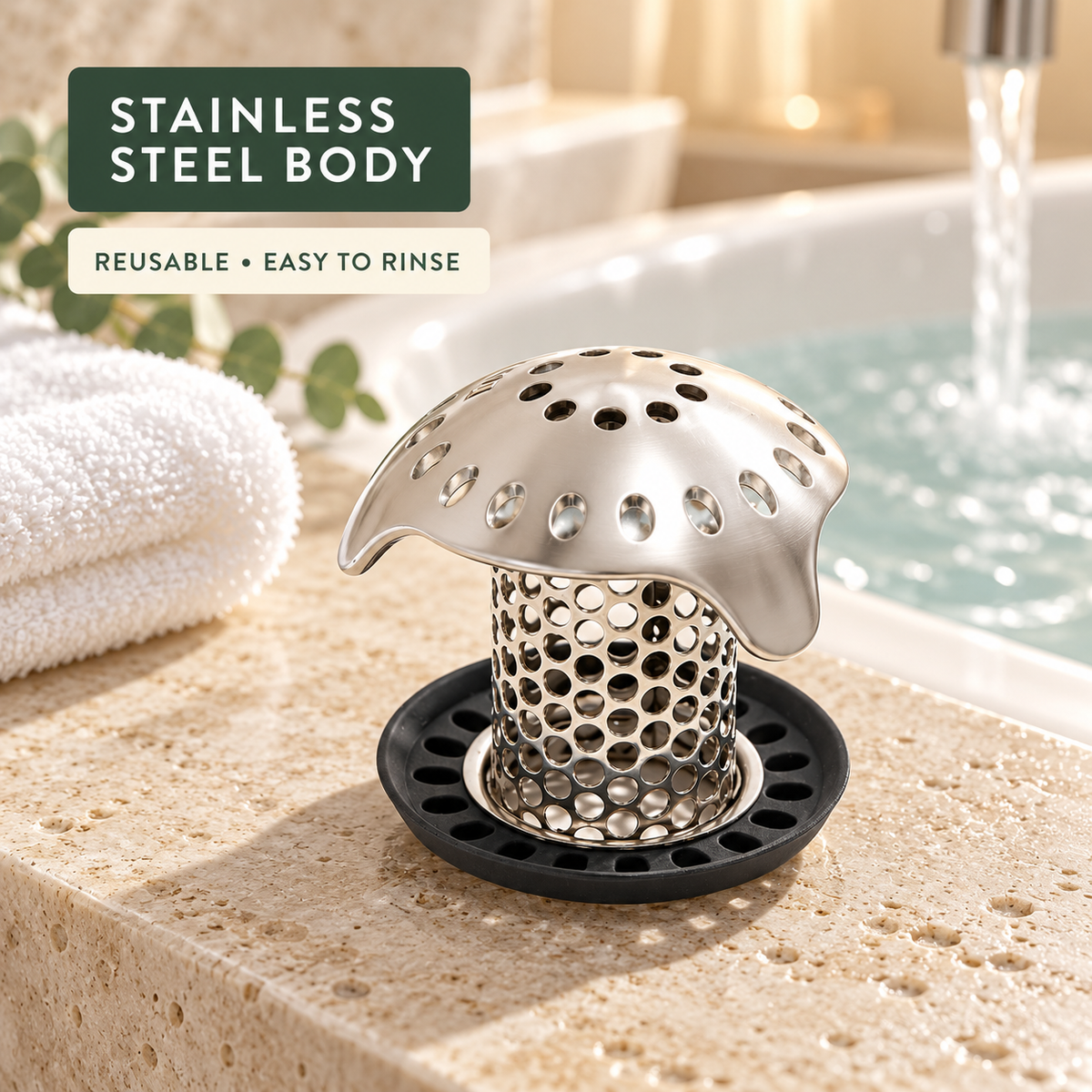 Closeup of reusable stainless steel bathtub hair catcher