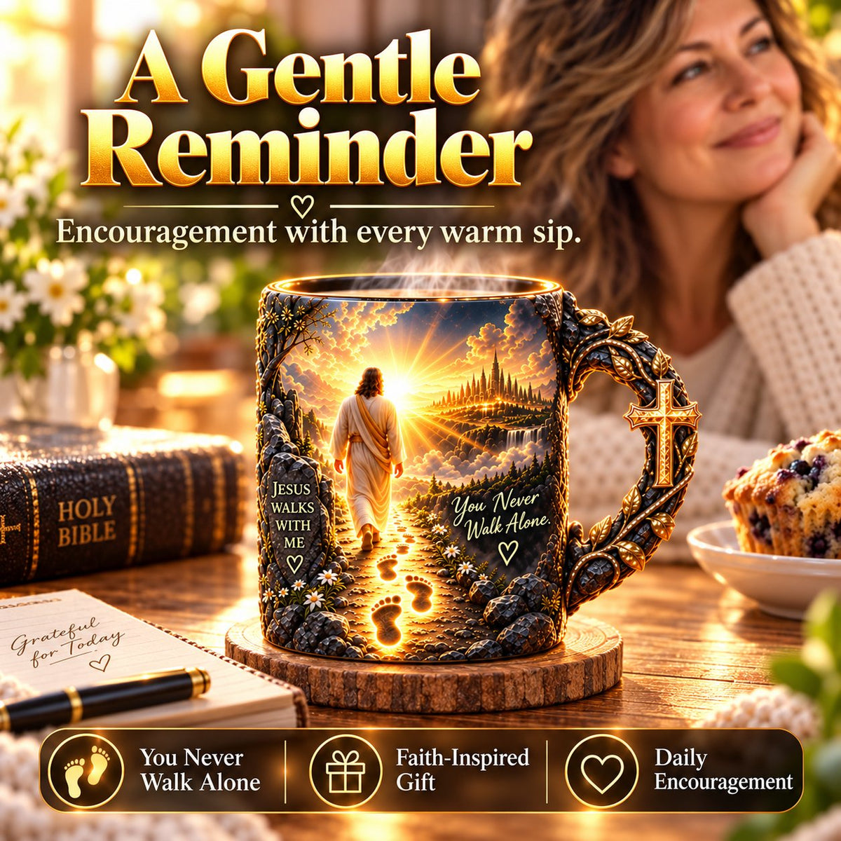 Faith-Inspired Heat-Reveal Mug – You Never Walk Alone 🕊️