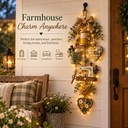 🧵✨ Sewing Lover’s Rustic Farmhouse Wall Hanging with Warm Fairy Lights