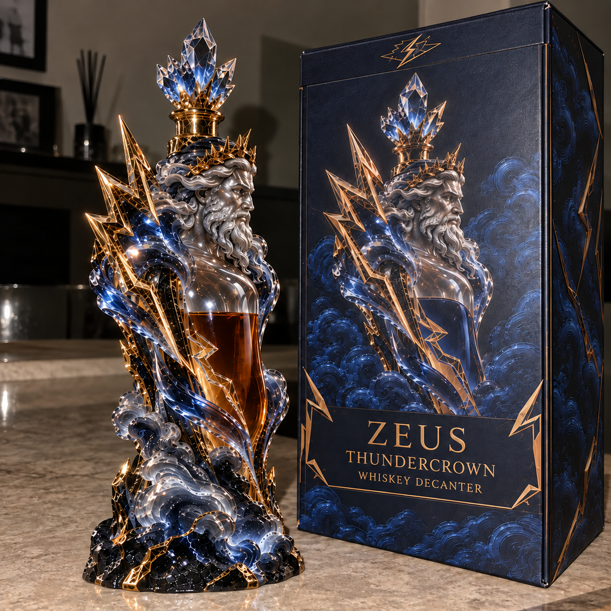 ⚡ Zeus Thundercrown Whiskey Decanter – Sculptural Bar Centerpiece