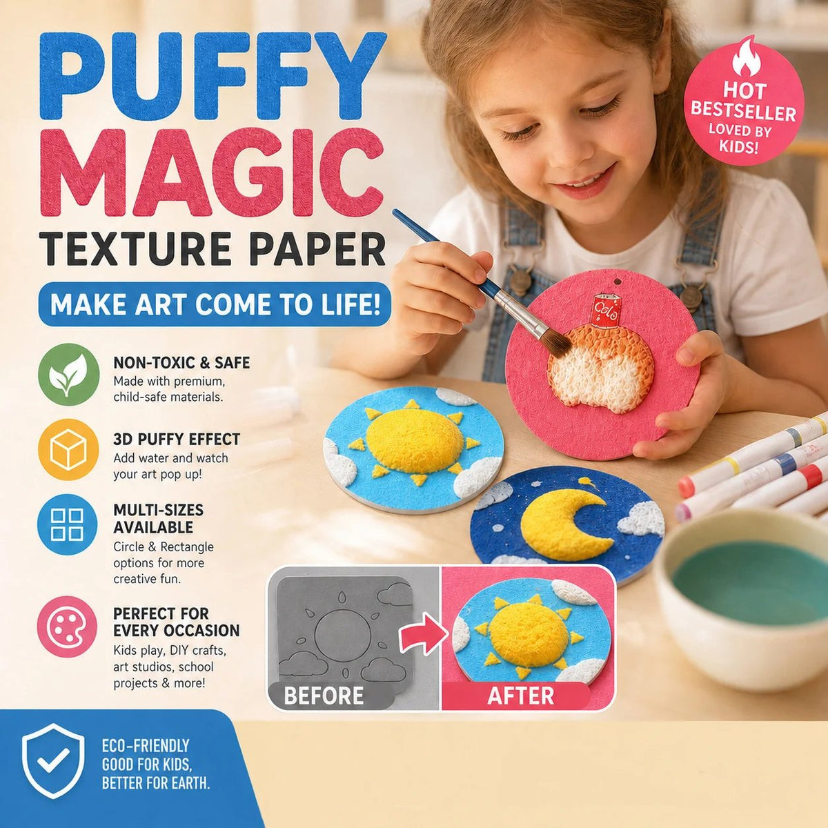 🎨 Magic 3D Foam Texture Painting Paper – Water-Activated Puffy Art Paper