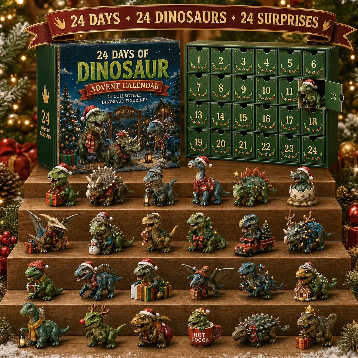 🦖🎄 24 Days of Dinosaur Christmas Advent Calendar – 24 Collectible Dino Surprises 🎁