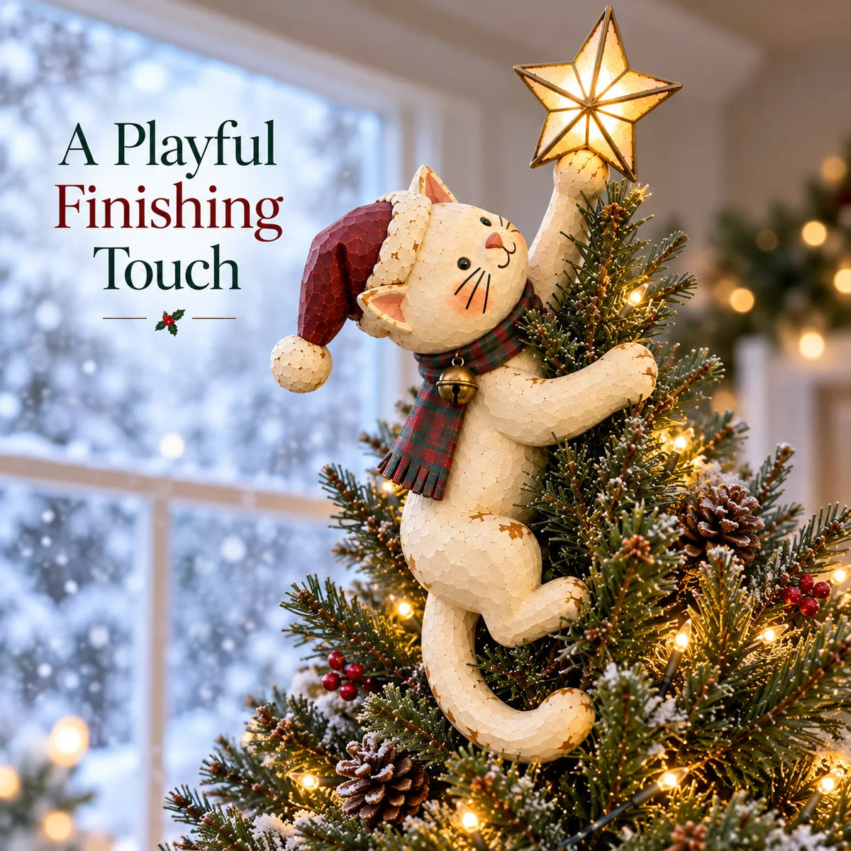 🐱 Light-Up Christmas Cat Tree Topper – Cute Climbing Kitty Holding a Glowing Star ⭐🎄