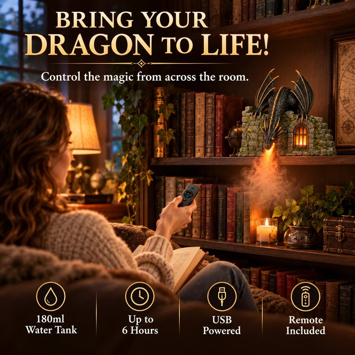 🐉 MistWyrm Dragon Diffuser – Glowing Dragon Mist for Fantasy Bookshelf Decor