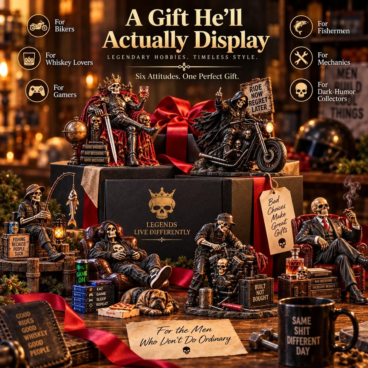 💀🔥 Bad to the Bone – 6 Funny Skeleton Collectibles | Unique Gifts for Men & Man Cave Decor 🎁