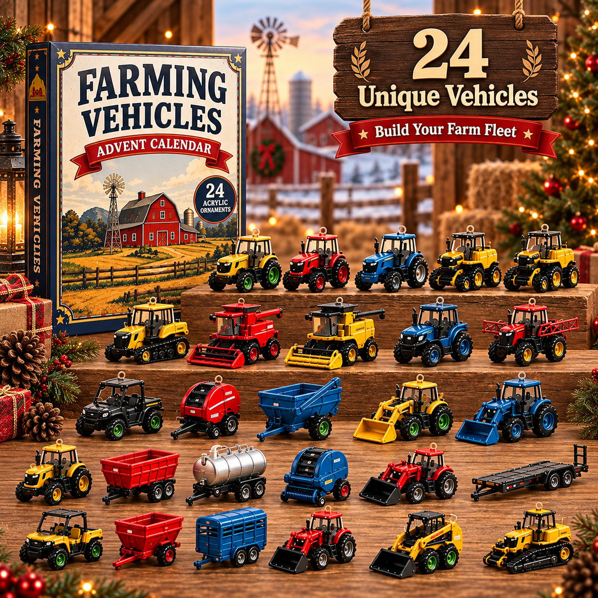 Farming Vehicles Advent Calendar & 24-Day Collector Edition Holiday Countdown Collectible for Farm Toy Fans, Desktop Display & Christmas Gift