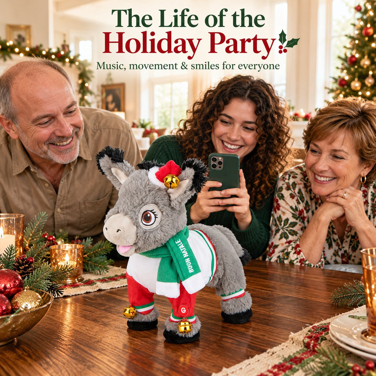 🎵 Musical Dominic the Donkey Christmas Plush, Battery Powered Animated Decor Gift