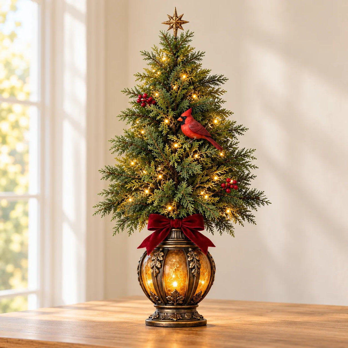 Single Cardinal Glow Tree with evergreen branches, red cardinal and warm lantern base