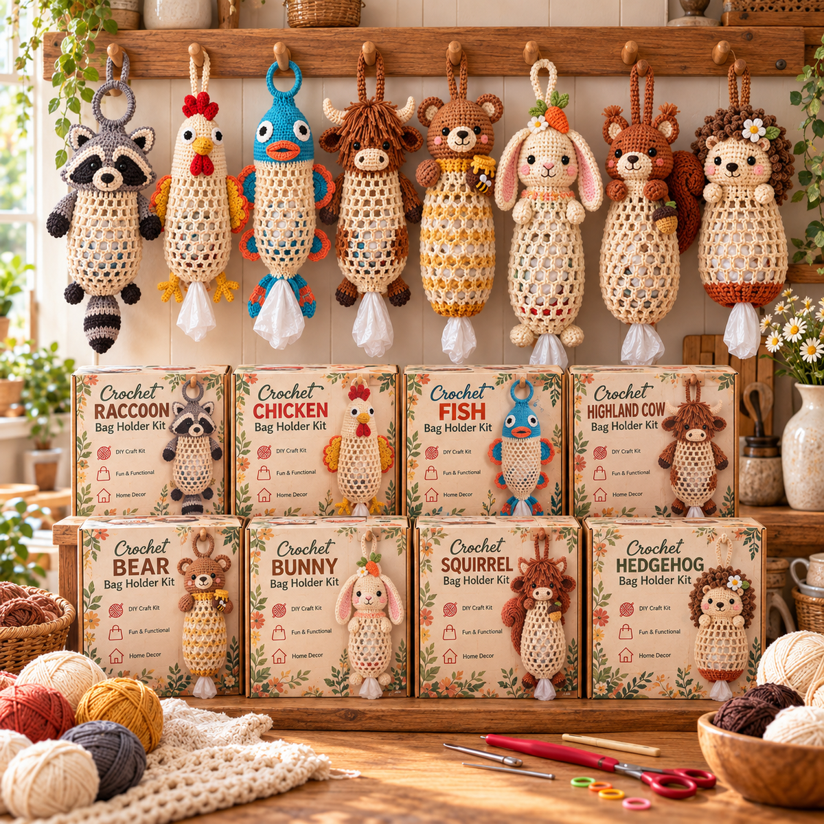 🔥LAST DAY 49% OFF – 🌼 Cottage Harvest Keepers™ — Crochet Animal Bag Holder DIY Kit | 12 Adorable Designs